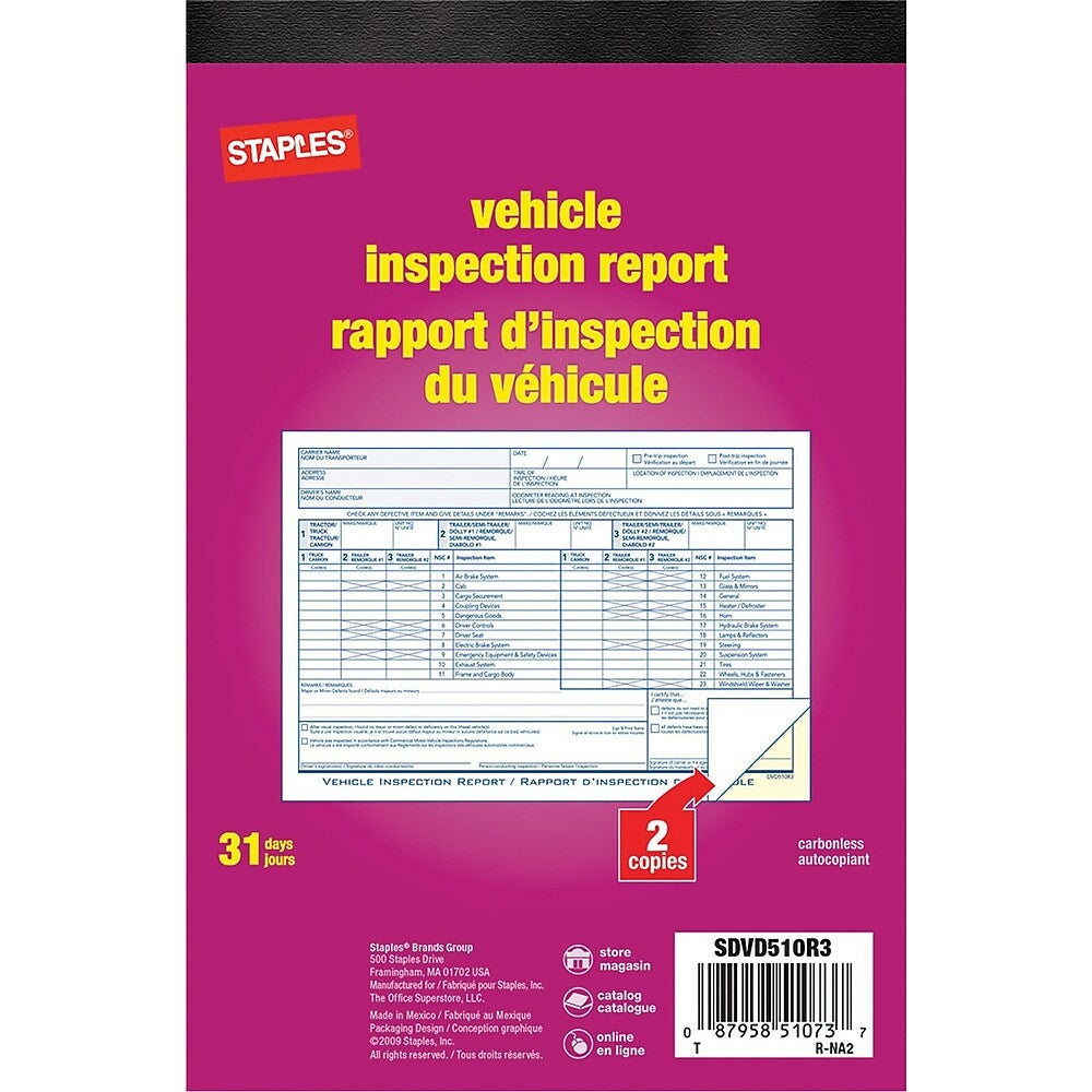 Staples Bilingual Vehicle Inspection Report Book - 31 Duplicates - Carbonless - 5-9/16" x 8-7/16"