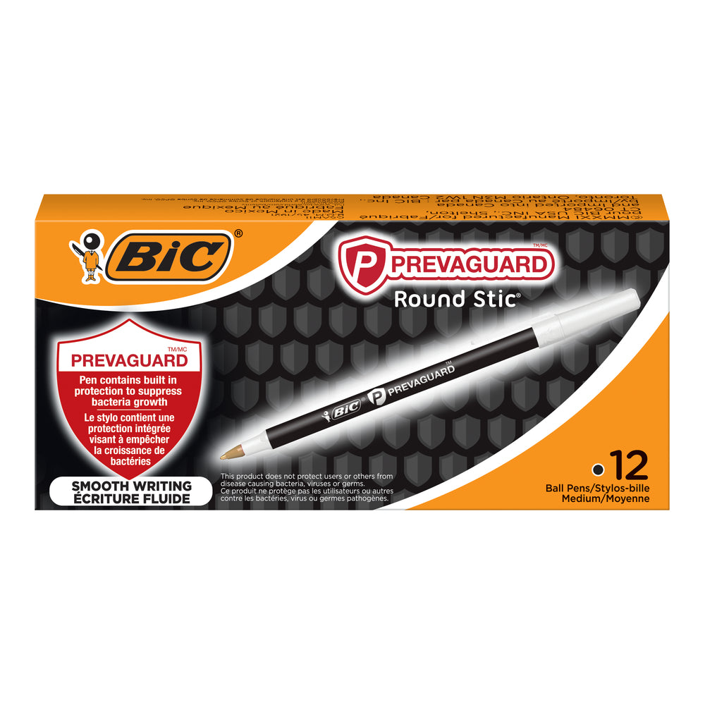 Stylo bille BIC PrevaGuard Round Stic - 1,0 mm - Pointe moyenne - Noir - Lot de 12 (GSAM11-BLK)