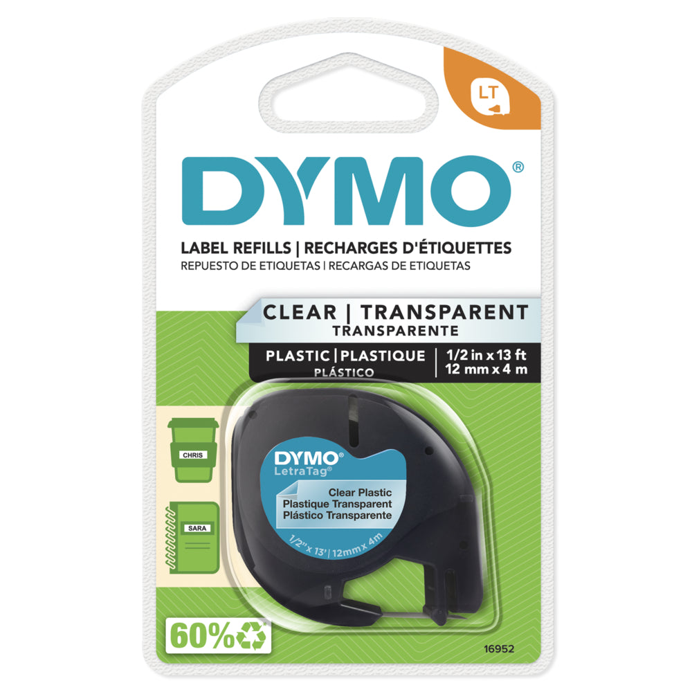 DYMO LetraTag Label Tape - 12mm (1/2") - Black Print on Clear Label
