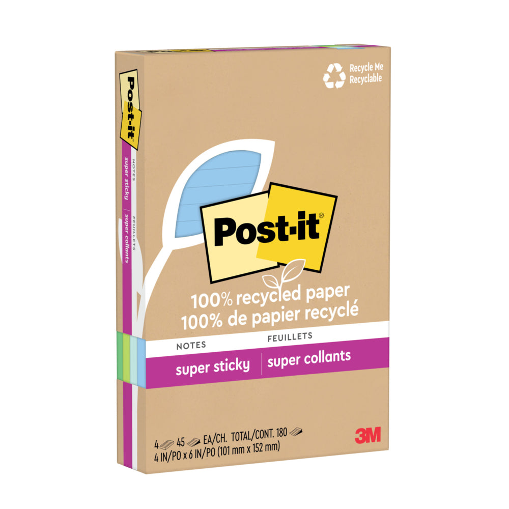 Notes autocollantes Post-it 100 % recyclées - 10 x 15 cm - Collection Oasis - Lignées - 180 feuilles - Paquet de 4
