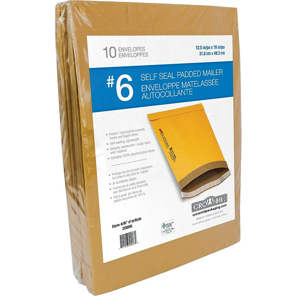 Crownhill Kraft Self-Seal Padded Mailer, #6, 12.5" x 19", 10 Pack