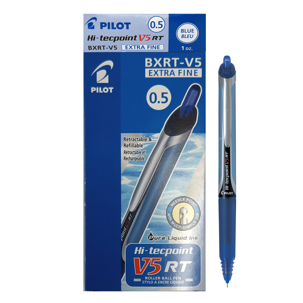 Stylos roller Pilot Hi-Tecpoint, Grip, rétractables, V5, bleu, lot de 12