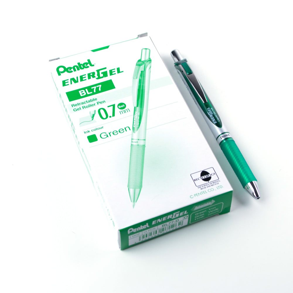Pentel EnerGel Liquid Gel Ink Retractable Metal Point Roller Pen - Medium Point - 0.7mm - Green - 12 Pack