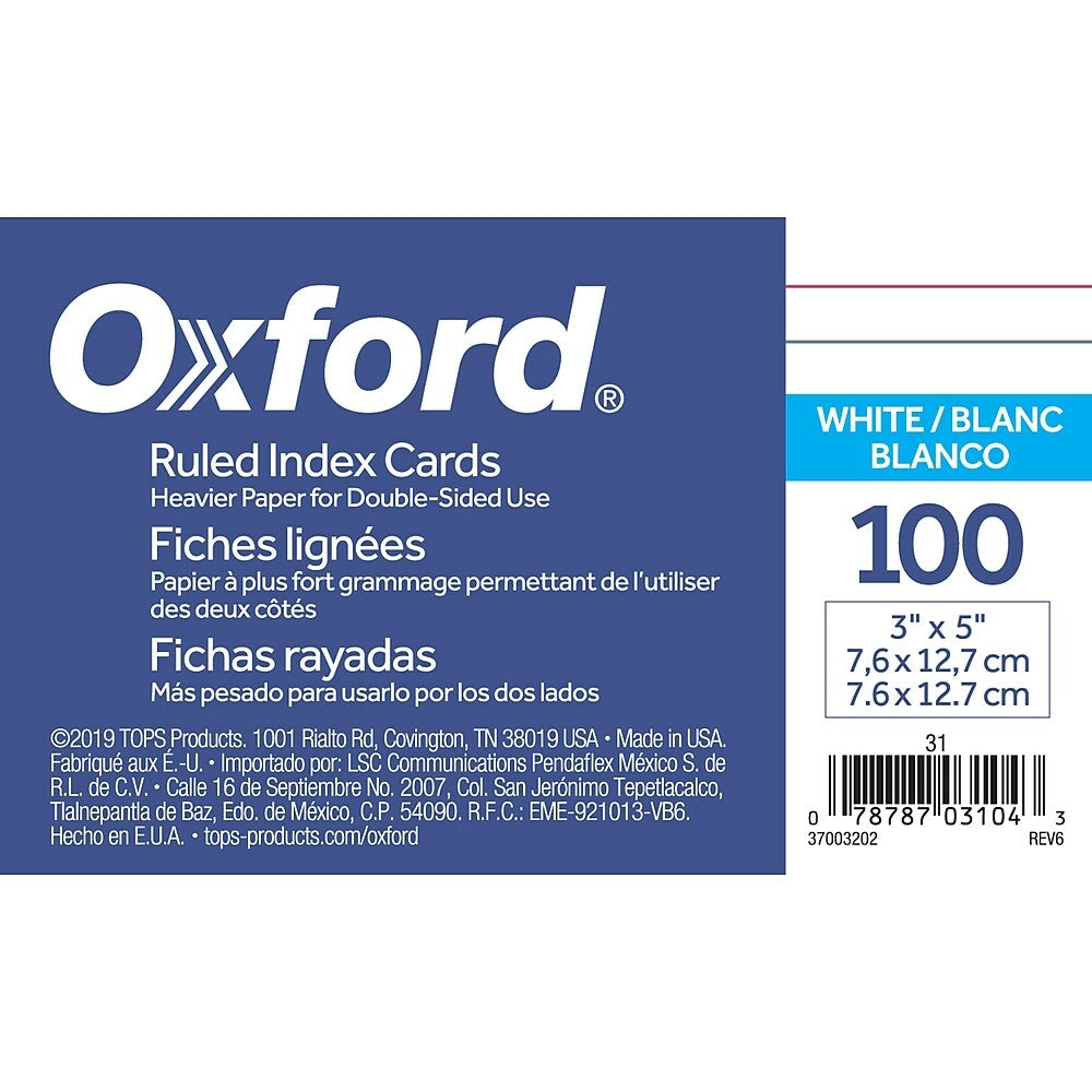 Fiches lignées Oxford - 3" x 5" - Blanches - Paquet de 100