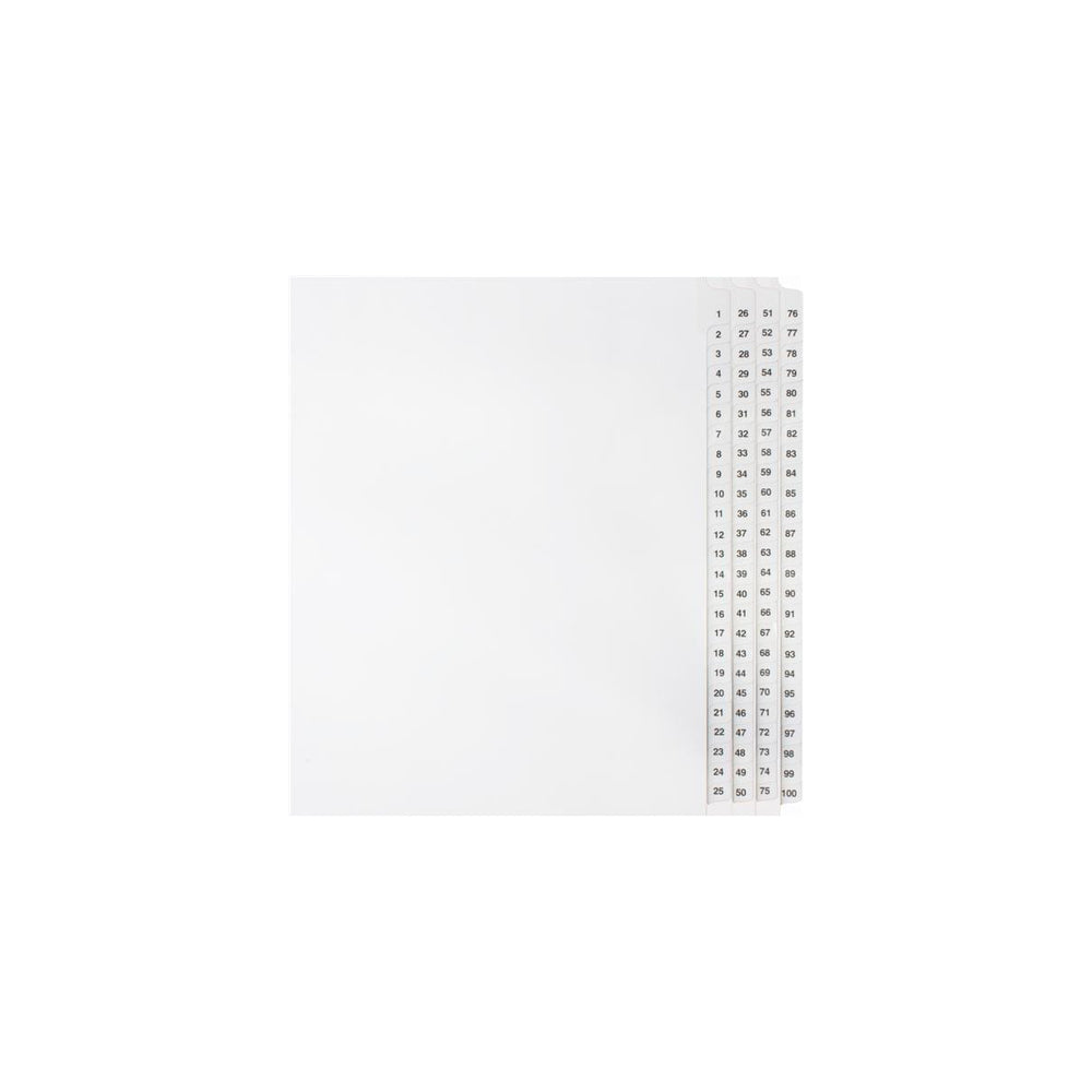 Onglets numériques Sterling, n° 1 à 100, blancs, format lettre, coupe 1/25e, 100/jeu, 1/pqt