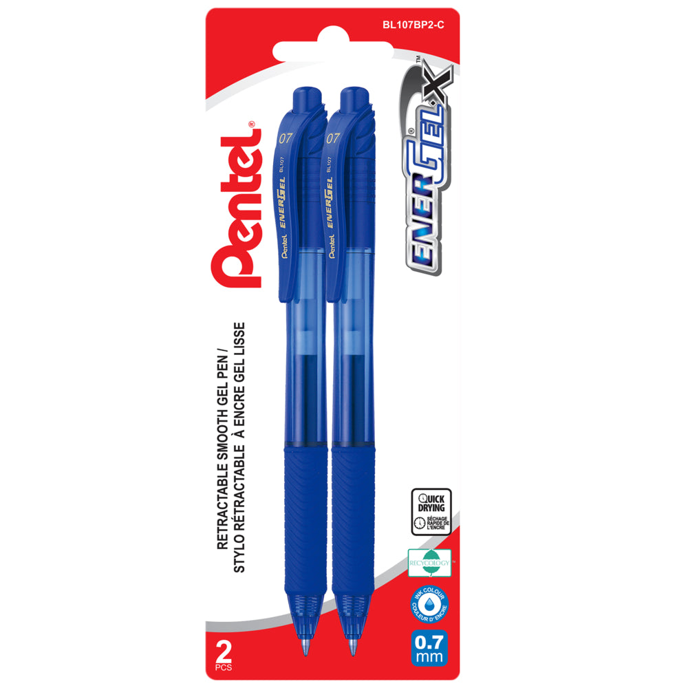 Pentel EnerGel-X Retractable Gel Roller - 0.7mm Metal Tip - Red Ink - 2 Pack
