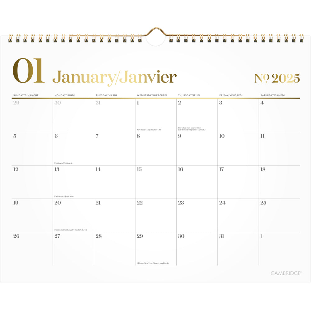Calendrier mural mensuel Cambridge 2025 WorkStyle - 11-7/8" H x 14-7/8" L - Bilingue