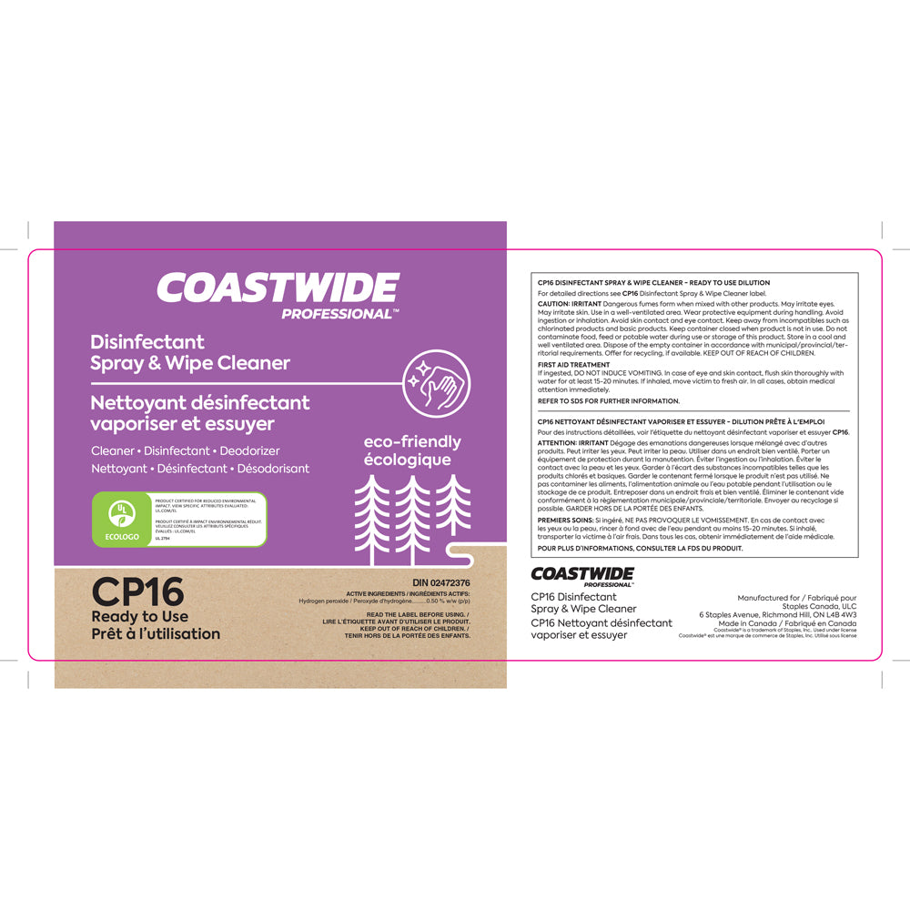 Étiquette secondaire du nettoyant désinfectant en spray et lingette Coastwide Professional CP16