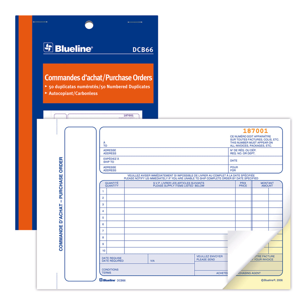 Blueline DCB66 Bilingual Purchase Orders Book - 50 Duplicates
