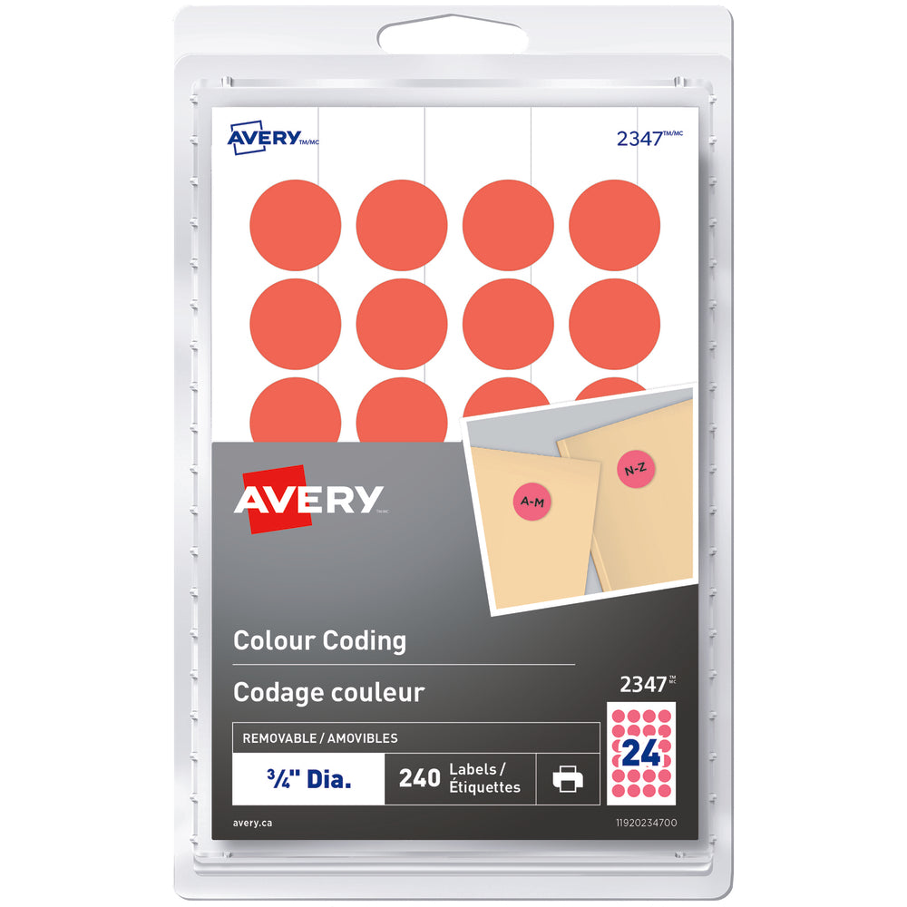 Étiquettes de couleur amovibles Avery, 2347, rouge fluo, diamètre 1,9 cm, paquet de 240