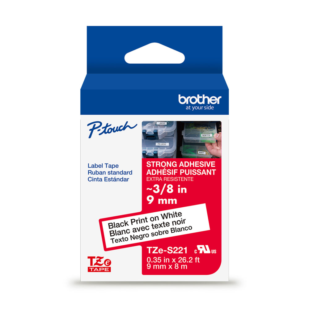 Brother Laminated Tape for P-touch Label Makers - 9mm - Black Print on White Label