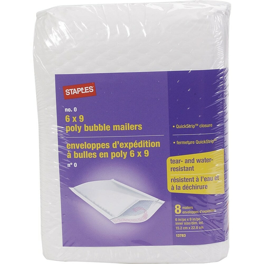 Enveloppes d'expédition protectrices Staples QuickStrip blanches doublées de papier bulle, n° 0, 15,2 x 23,8 cm, paquet de 8