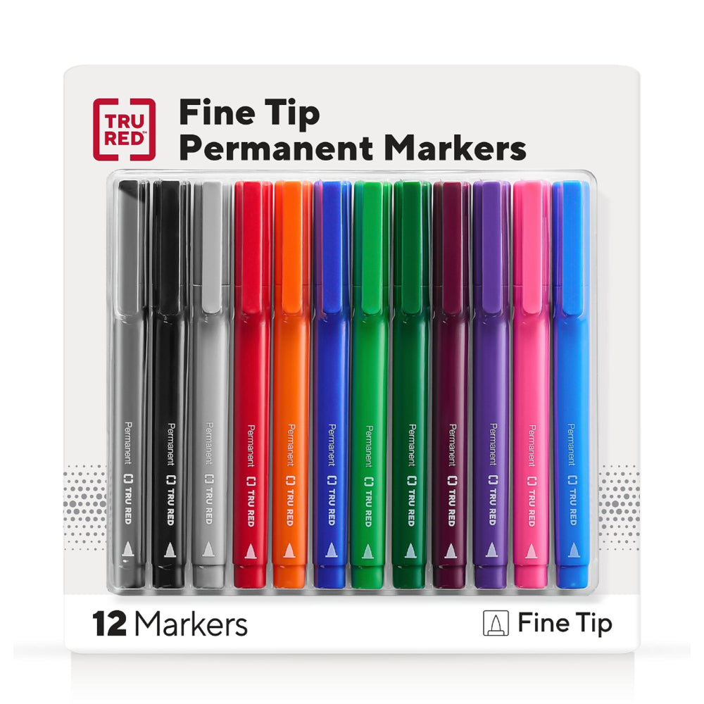 TRU RED Permanent Markers - Fine Tip - Assorted - 12 Pack