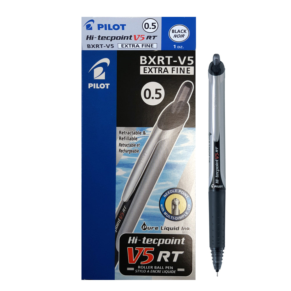Pilot Hi-Tecpoint Rollerball Pens, Grip, Retractable, V5, Black, 12 Pack