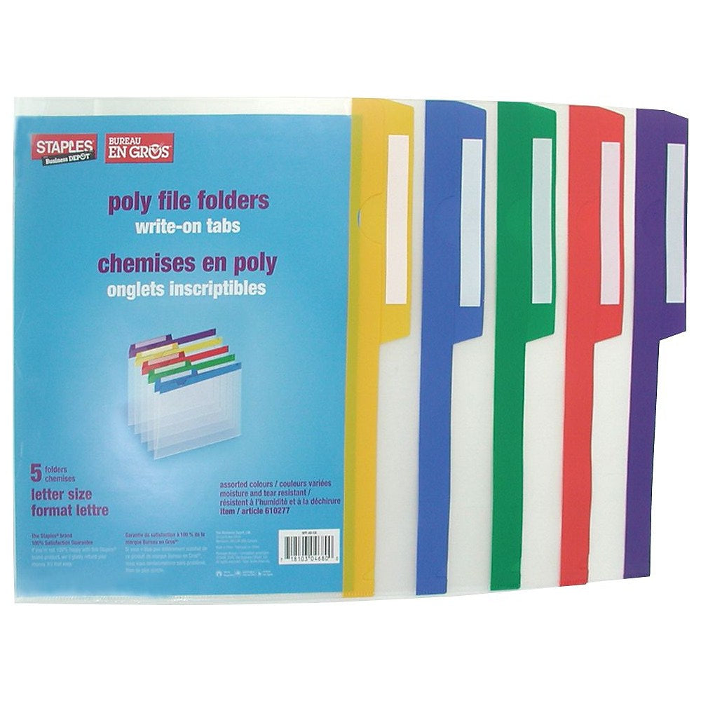Chemises de classement Staples Poly 1/2 coupe - Format lettre - 8-1/2" x 11" - Couleurs assorties