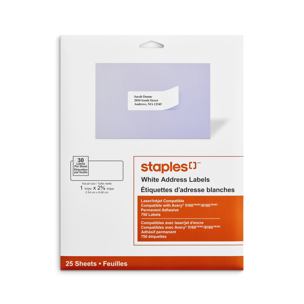 Staples White Mailing Labels for Inkjet/Laser Printers - 1" x 2-5/8" - 750 Pack