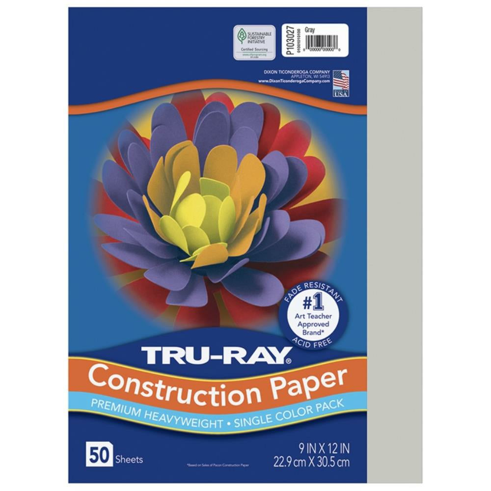 Papier de construction Tru-Ray, gris, 22,9 cm x 30,5 cm, 50 feuilles/paquet.