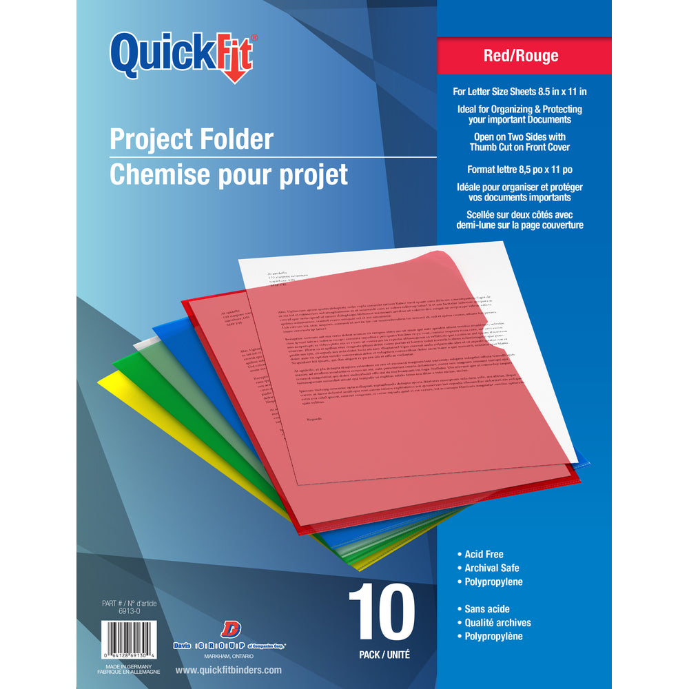 Davis Group QuickFit Project Folders - Polypropylene - Letter Size - Red - 10 Pack