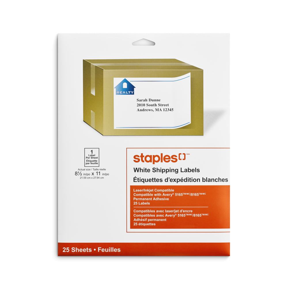 Étiquettes d'expédition blanches Staples – Pour imprimantes à jet d'encre/laser – 8-1/2" x 11" – Blanc – Paquet de 25