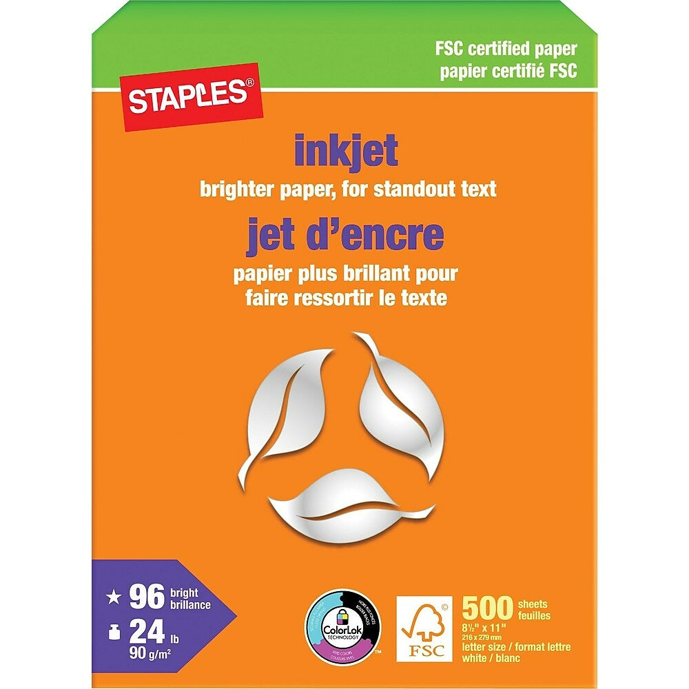 Papier jet d'encre Staples certifié FSC - 24 lb - 8,5 po x 11 po - Blanc - 500 feuilles