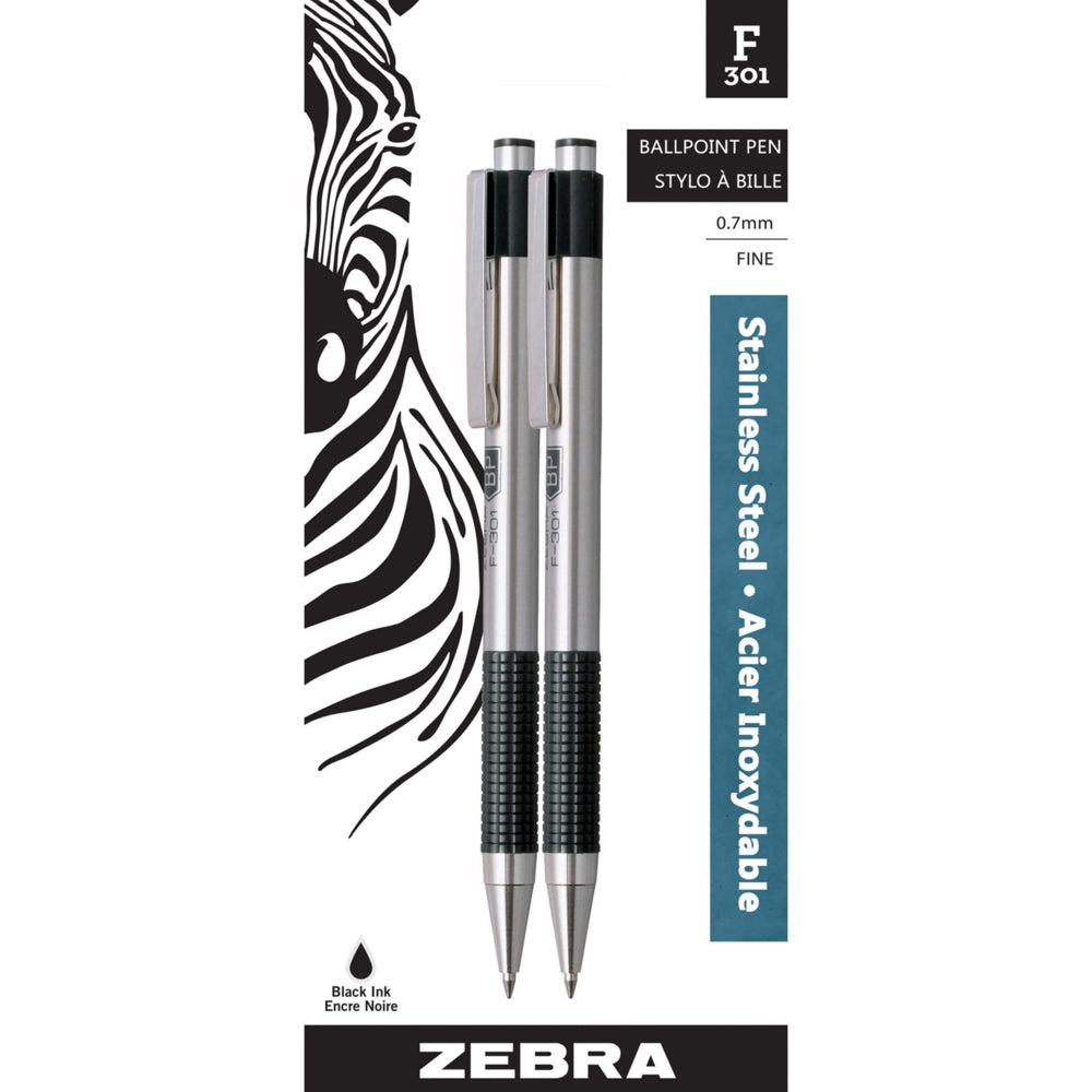Stylo à bille rétractable Zebra F-301, pointe fine, noir, lot de 2