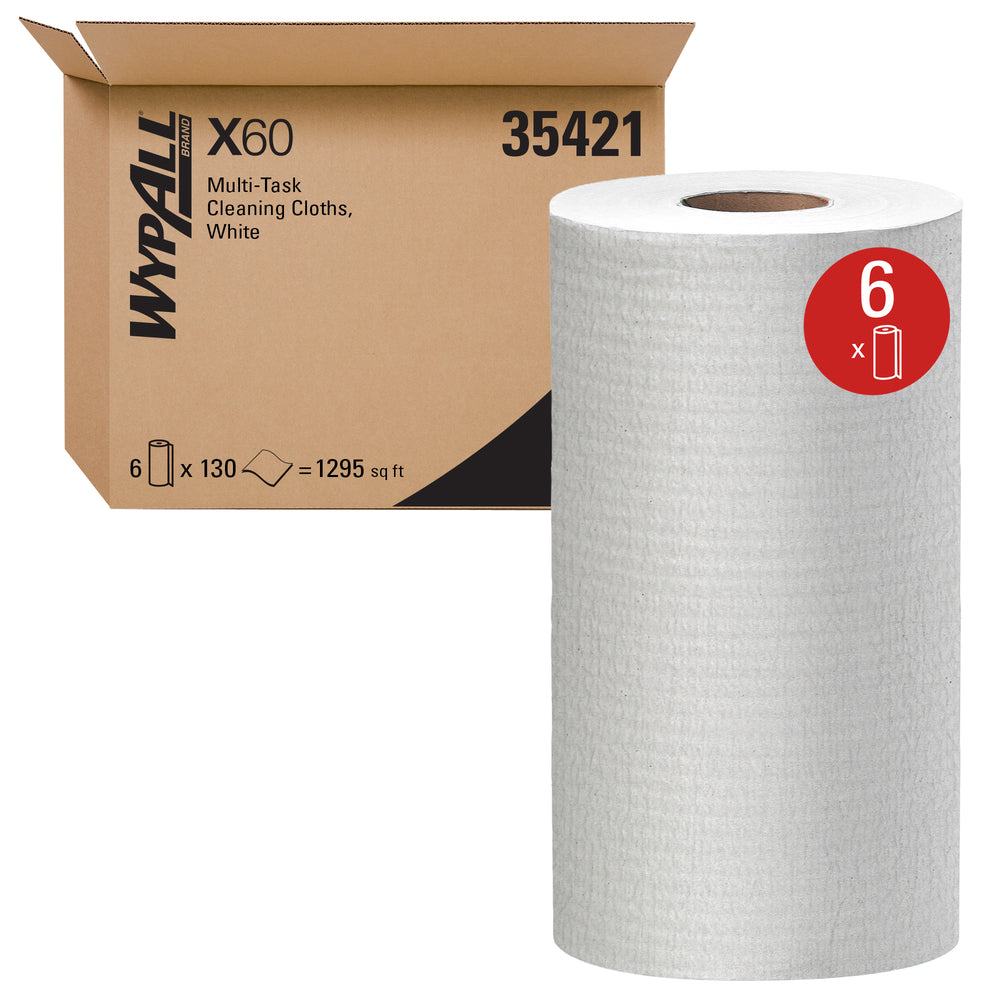 WypAll General Clean X60 Multi-Task Cleaning Cloths - Small Roll - White - 130 Sheets / Roll - 780 Wipes / Case - 6 Rolls Pack