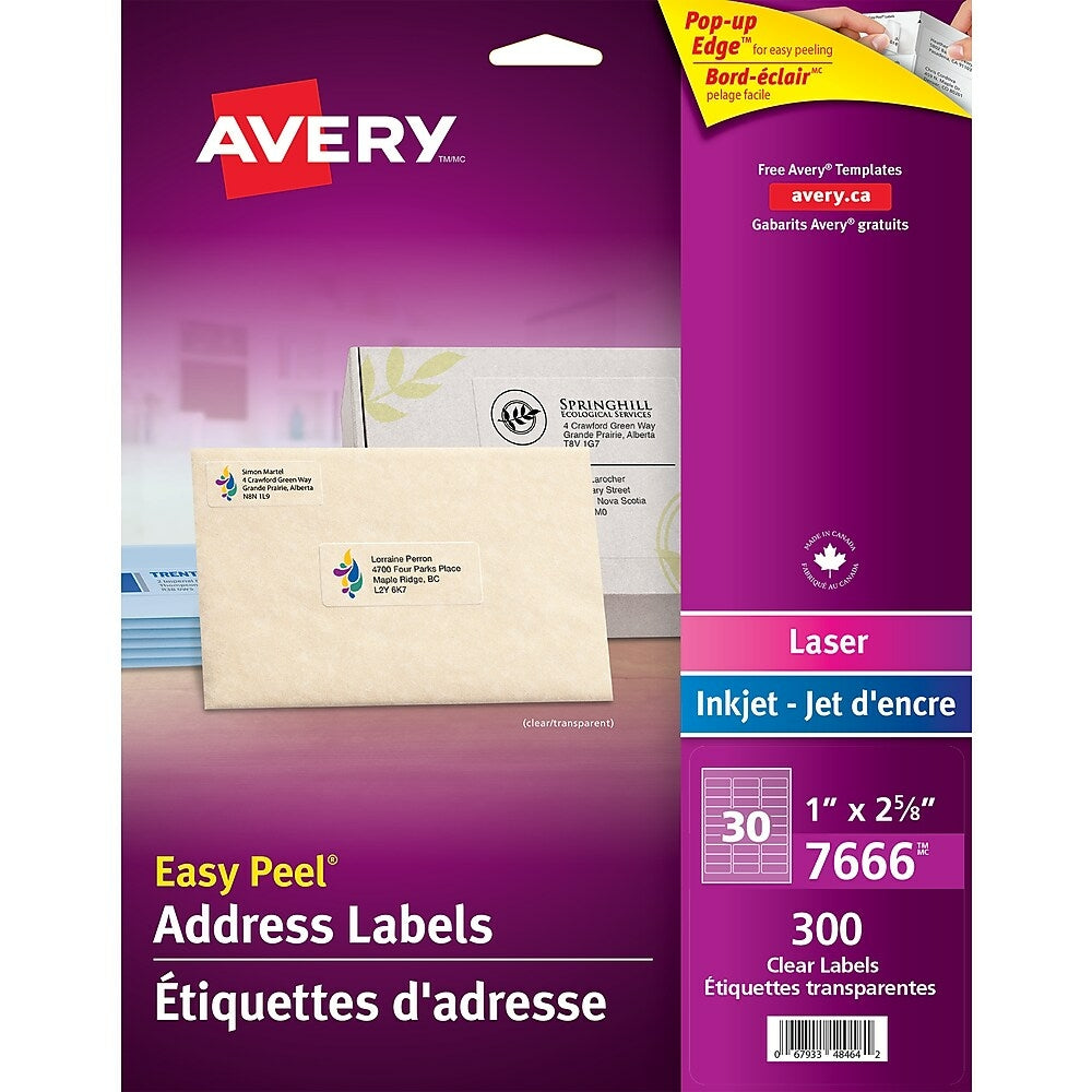 Étiquettes d'adresse Avery Easy Peel transparentes et brillantes pour imprimantes laser/jet d'encre, 2,5 cm x 6,5 cm, paquet de 300 (7666)