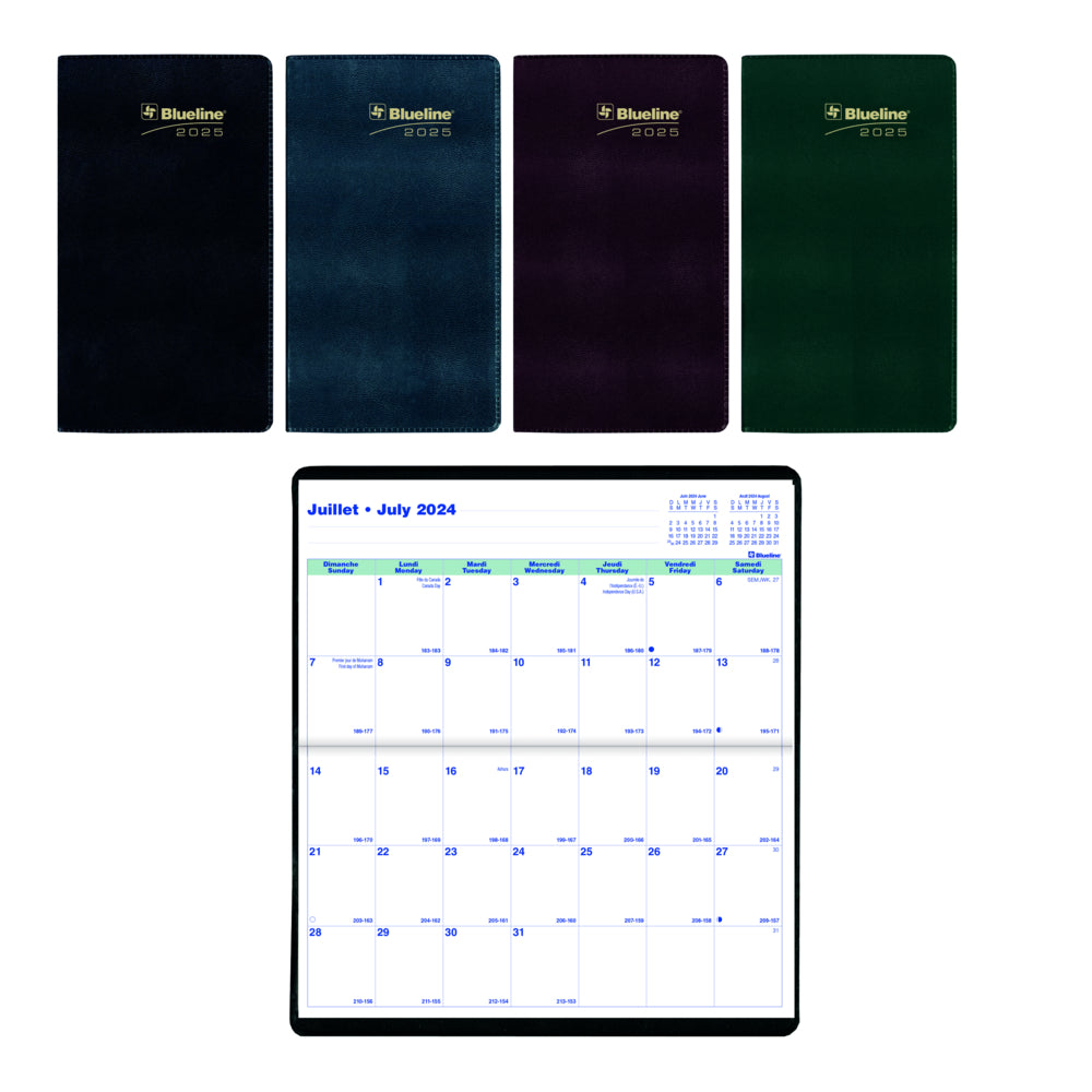 Blueline 2025 Monthly Pocket Planner - Stitched Binding - 18 Months - 6-1/2" x 3-1/2" - Assorted Colours - Bilingual