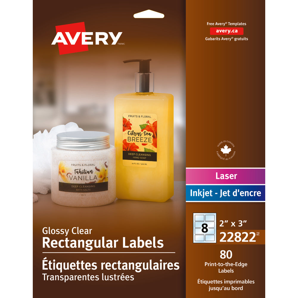 Étiquettes rectangulaires Avery transparentes et brillantes, impression laser/jet d'encre jusqu'au bord, 2" x 3", paquet de 80 (22822)
