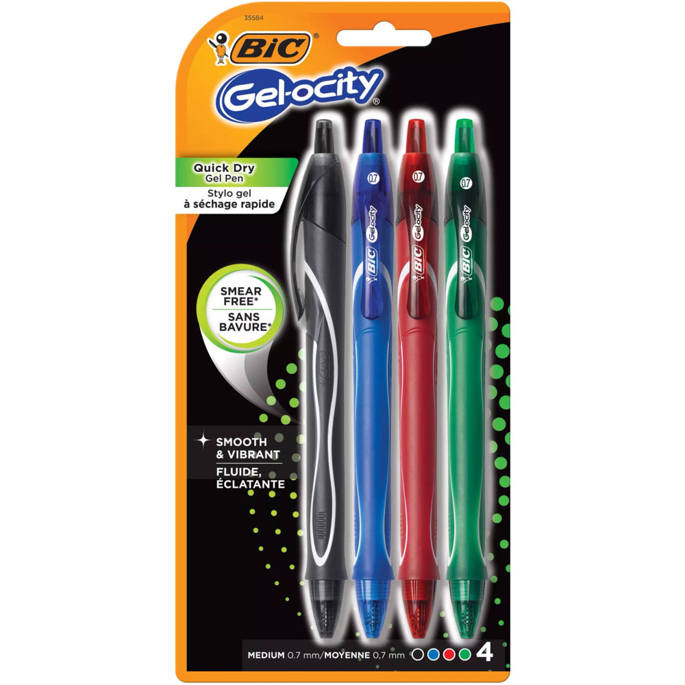 BIC Gel-ocity Retractable Quick Dry Gel Pen - Medium Point (0.7mm) - Assorted Colours - 4 Pack