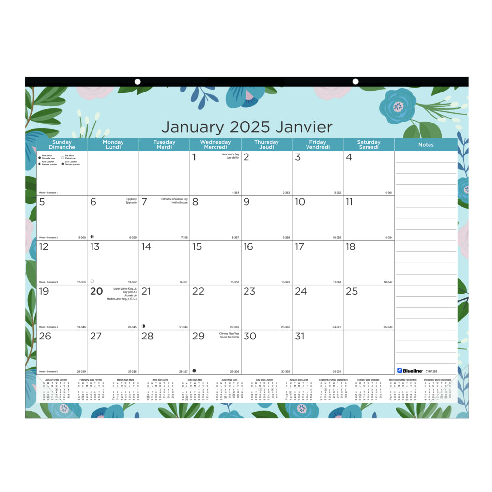 Blueline 2025 Azure Monthly Desk Pad Calendar - 22" x 17" - Bilingual