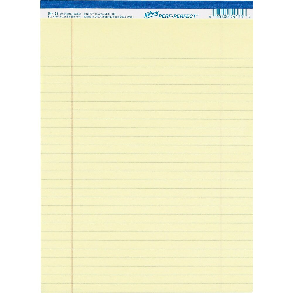 Hilroy Perf-Perfect Pad - 8-1/2" x 11" - Wide-Ruled - Canary - 50 Sheets