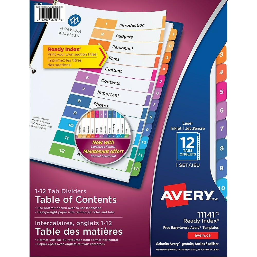 Intercalaires Avery Ready Index pour imprimantes laser et jet d'encre - 12 onglets - Multicolore