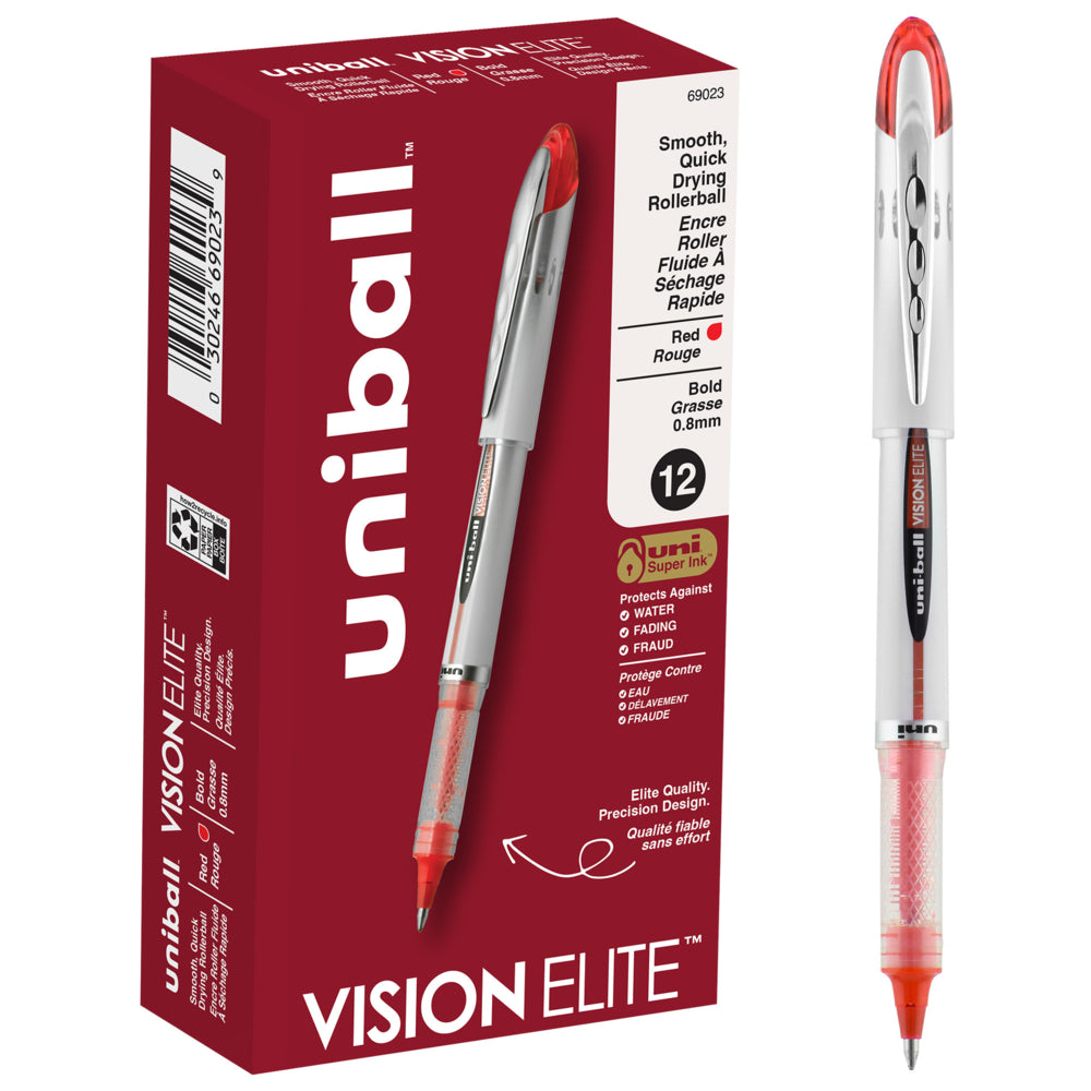 uni-ball Vision Elite Rollerball Pens - Bold Point (0.8mm) - Red - 12 Pack