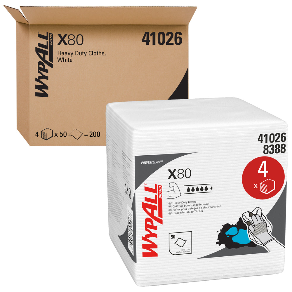 Chiffons WypAll Power Clean X80 Heavy Duty (41026) - Chiffons à usage prolongé, format plié en quatre - Blanc - 4 paquets de 50 feuilles/paquet