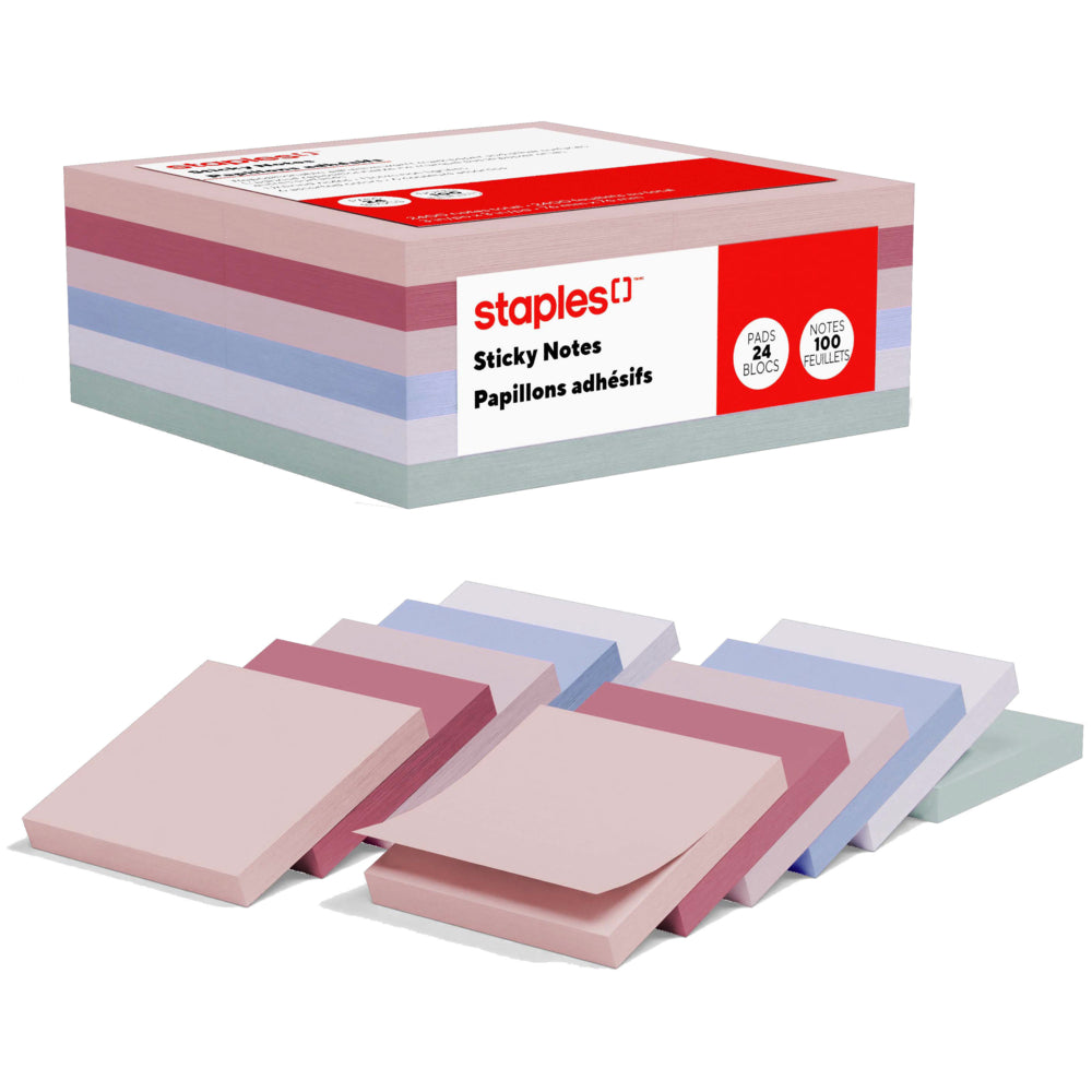 Bloc-notes adhésifs Staples Ultra Sticky Notes - 10 x 10 cm - Collection Brume Océane - Paquet de 24