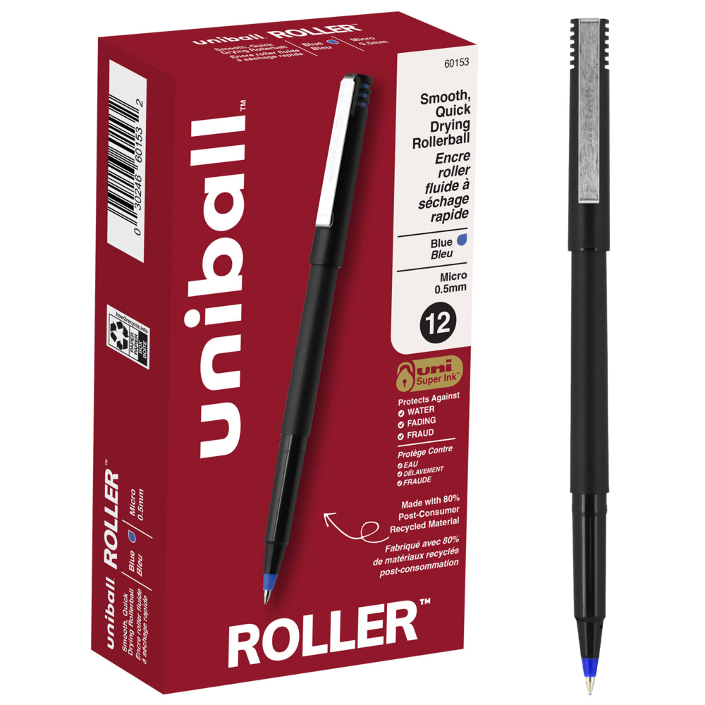 Stylos roller Uni-Ball - Micropointe (0,5 mm) - Bleu - Lot de 12