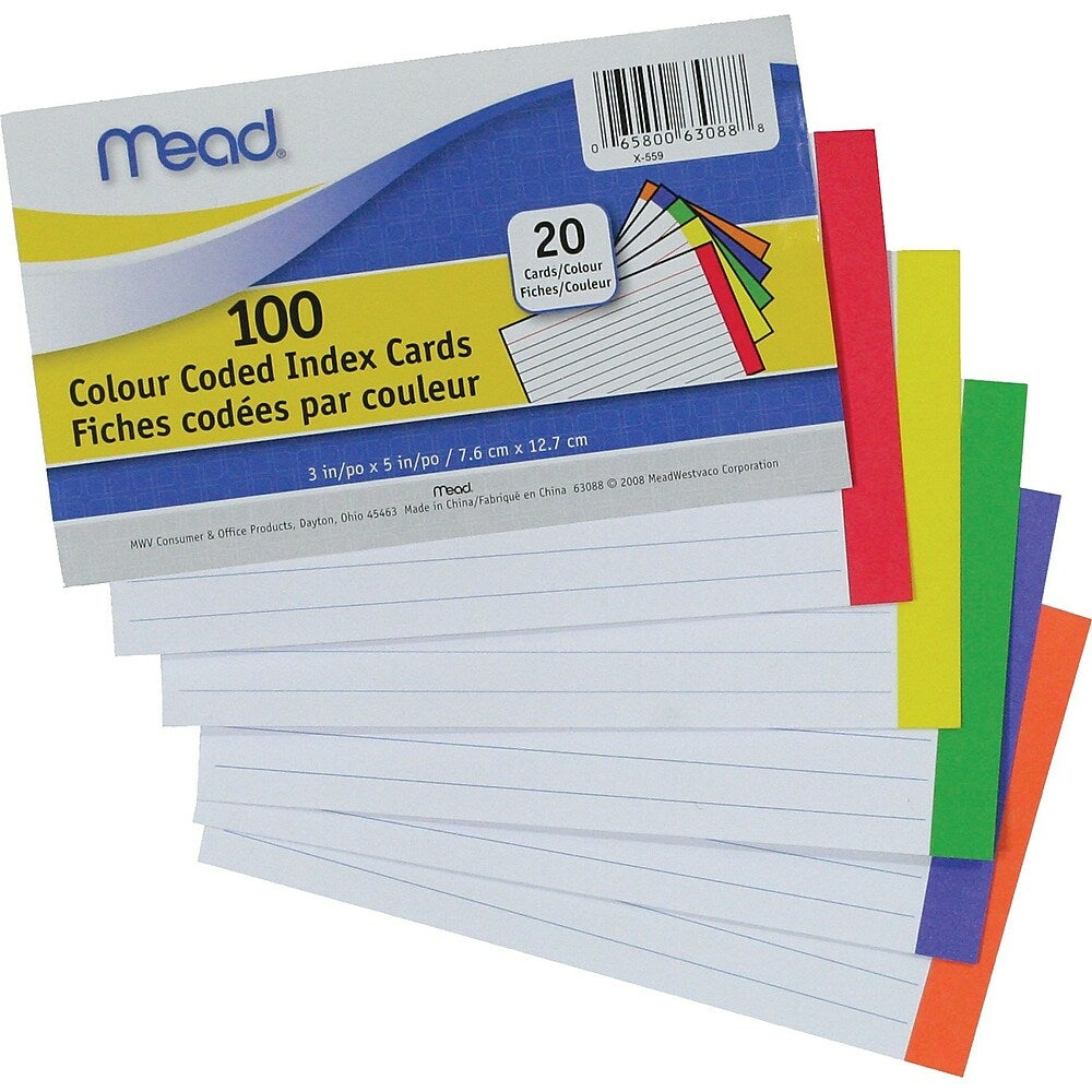 Mead Colour Coded Index Cards, 3" x 5", 100 Pack