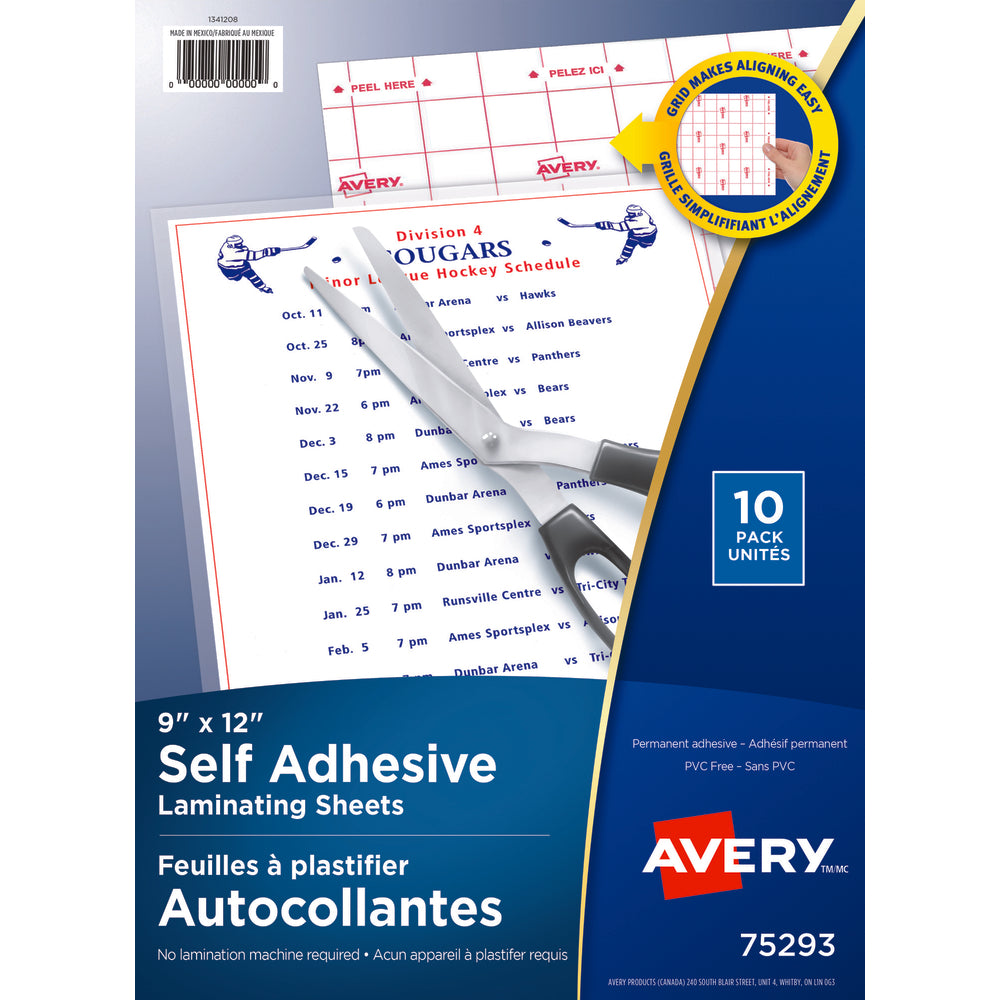 Feuilles auto-plastifiées Avery, 9" x 12", paquet de 10 (75293)