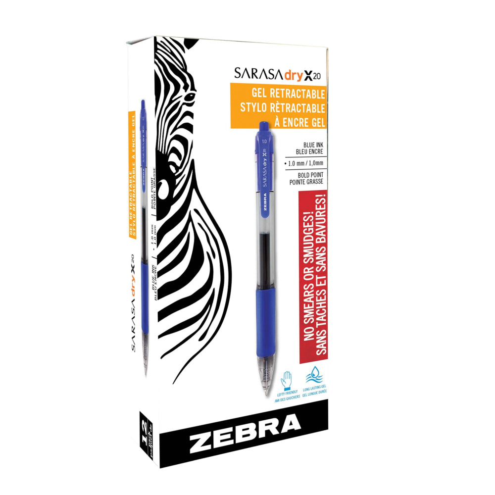 Stylo gel rétractable Zebra Sarasa - Pointe épaisse - 1,0 mm - Encre bleue - Lot de 12