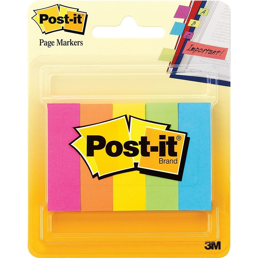 Marque-pages Post-it, 1/2'' x 1-3/4'', couleurs fluo assorties, paquet de 5