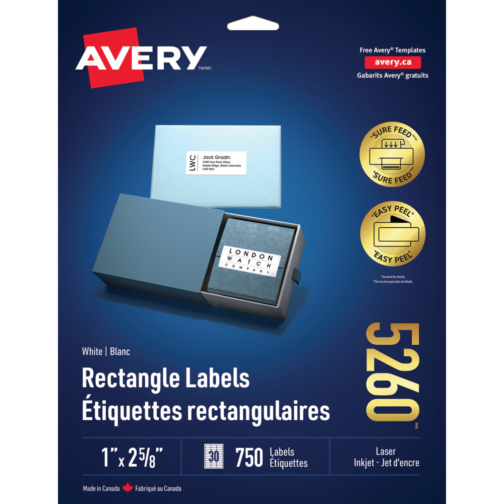 Avery Easy Peel White Laser Address Labels, 2-5/8" x 1", 750 Pack (5260)