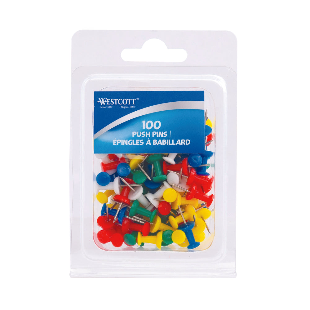 Westcott Push Pins - 1" - Assorted Colours - 100 Pack