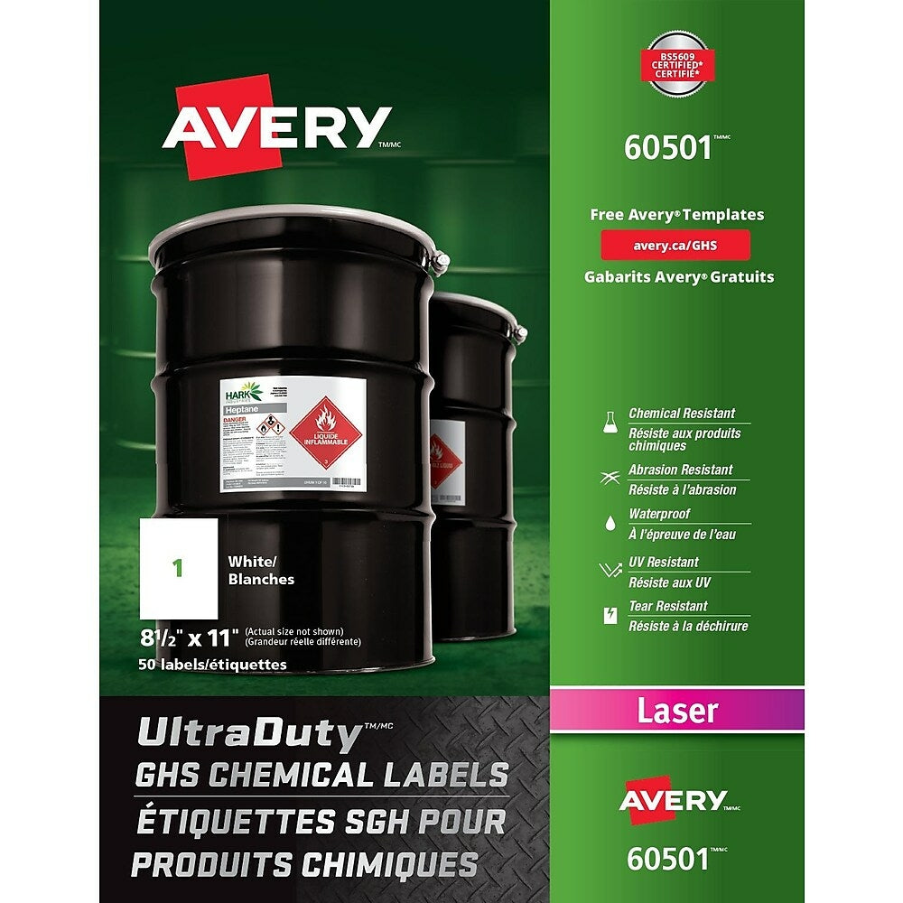 Avery UltraDuty White GHS Chemical Labels, 8 1/2" x 11", 50 Pack, (60501)