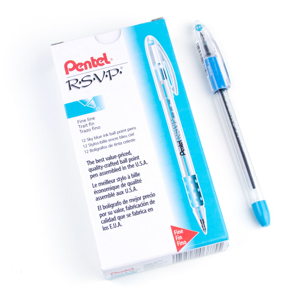 Stylo à bille Pentel RSVP - Pointe fine - 0,7 mm - Bleu ciel - Lot de 12