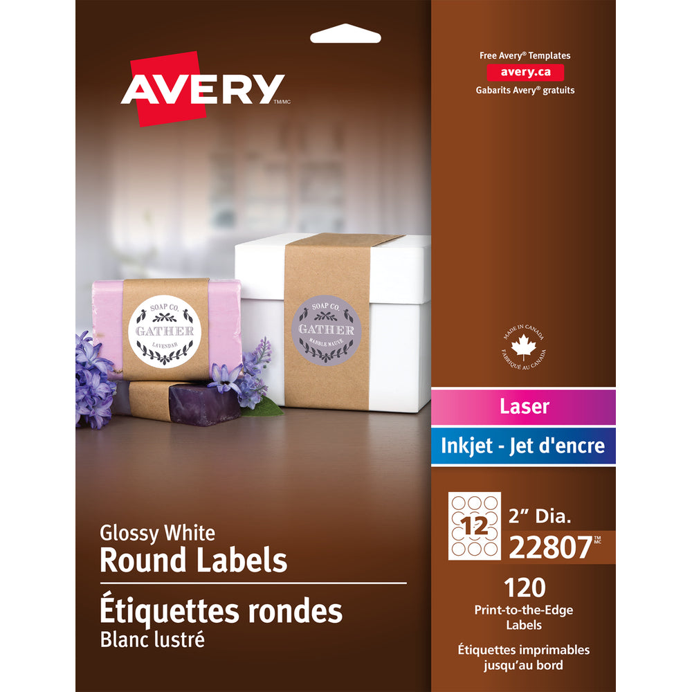 Étiquettes rondes brillantes Avery blanches, impression sur bord, permanentes, 5 cm, paquet de 120 (22807)