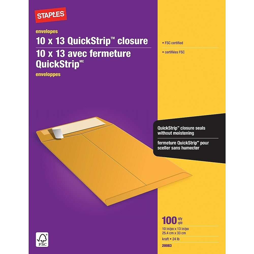 Enveloppes pour catalogue Staples Kraft avec fermeture QuickStrip - 10" x 13" - Marron - Paquet de 100