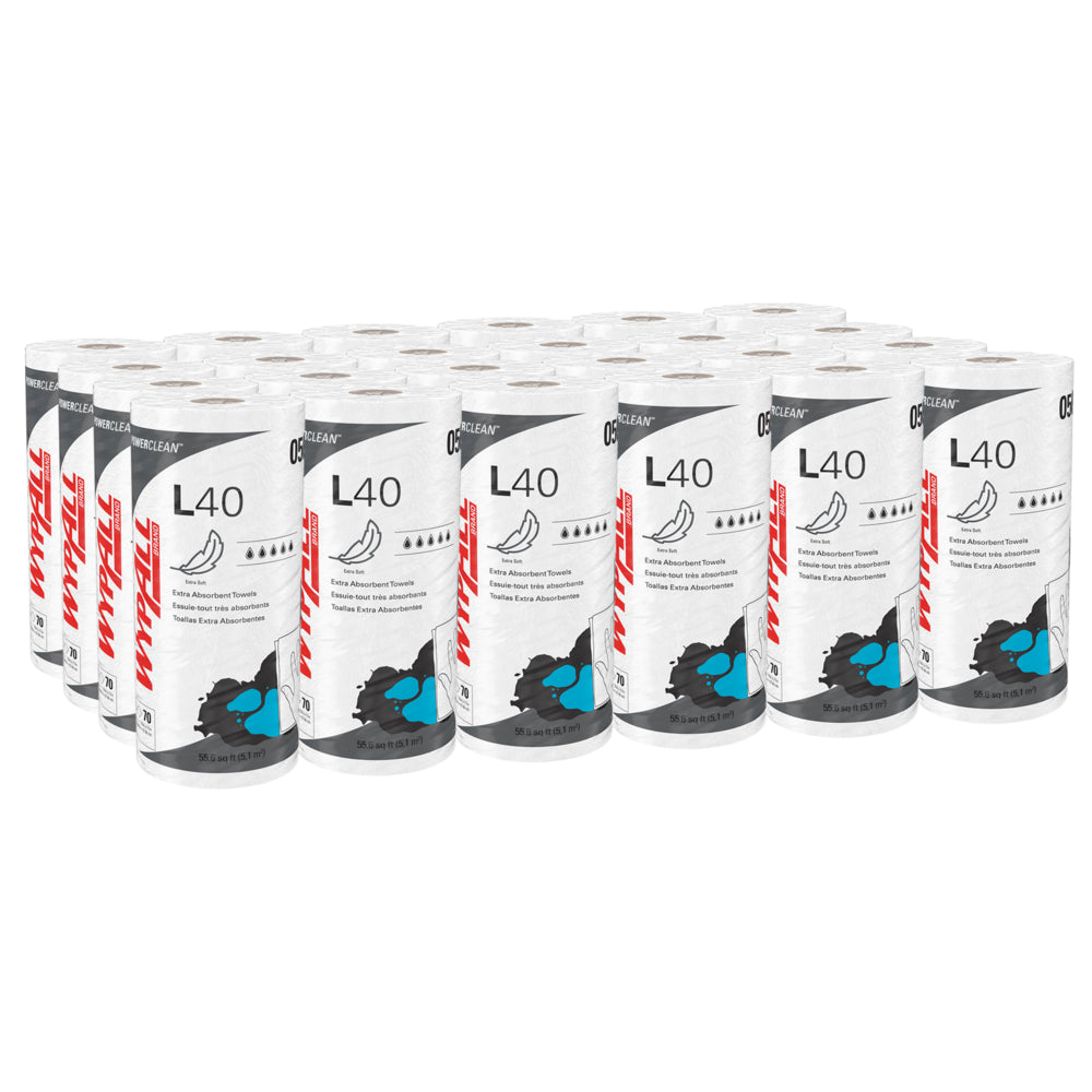Serviettes extra absorbantes WypAll PowerClean L40 - Petit rouleau - Serviettes à usage limité - Blanc - Paquet de 24