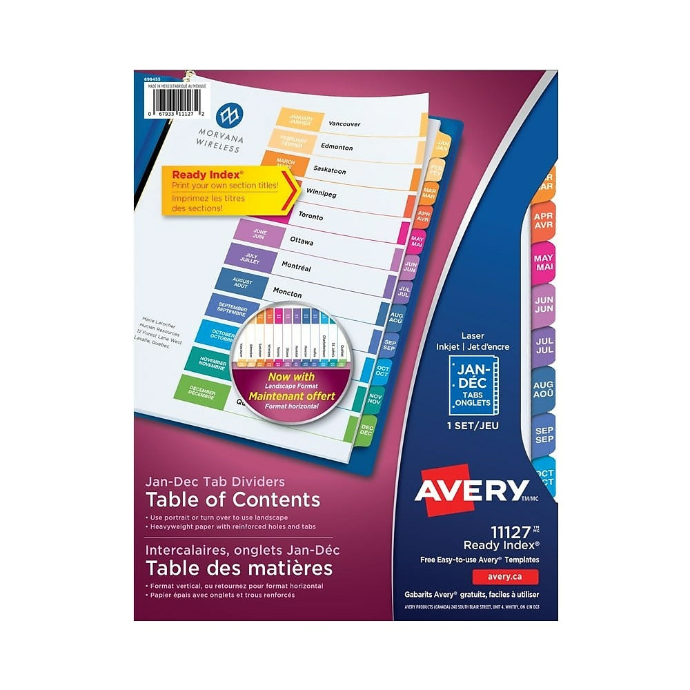 Intercalaires Avery Ready Index Jan-Déc pour imprimantes laser et jet d'encre - 12 onglets - Multicolore