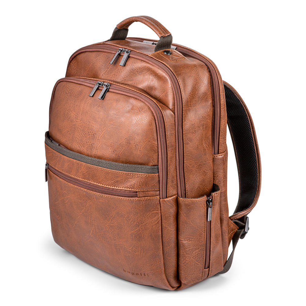 Bugatti 15" Synthetic Leather Backpack with Canvas Trim, Cognac